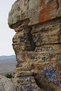 graffiti, rocks, tags, cliff, view, skyline, ledge