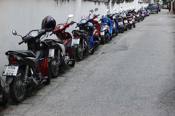 motorcycle, thailand, row, street, parking, to it long