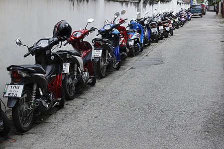 motorkerékpár, Thaiföld, sor, utca, parkolás, addig, amíg a
