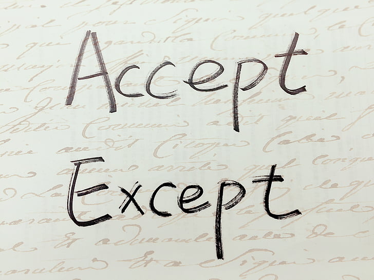 aceptar, excepto, escritura a mano, paronymous, similares, palabras