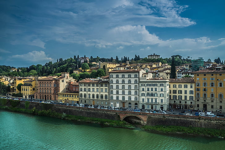 Florence, Itālija, arhitektūra, siluets, ēkas, upes, Arno upes