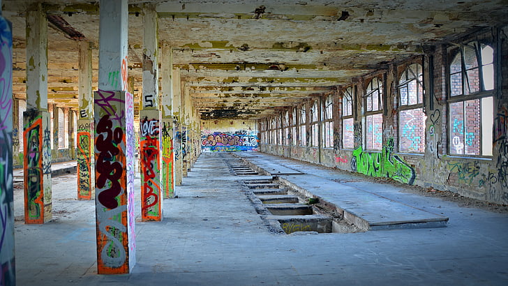 tabt steder, fabrikken, pforphoto, graffiti, gamle, forlade, industrielle anlæg