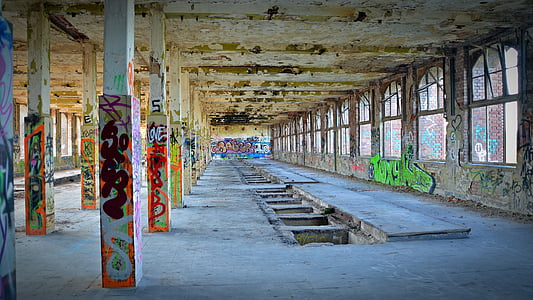lugares perdidos, fábrica, pforphoto, grafite, velho, deixar, planta industrial
