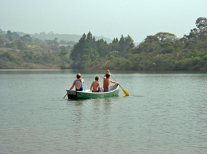 kanot, sjön, barn, paddling, Guinea, dalaba, rekreation