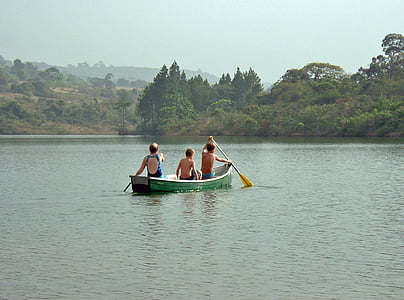 独木舟, 湖, 儿童, 划动, 几内亚, 达拉巴, 娱乐