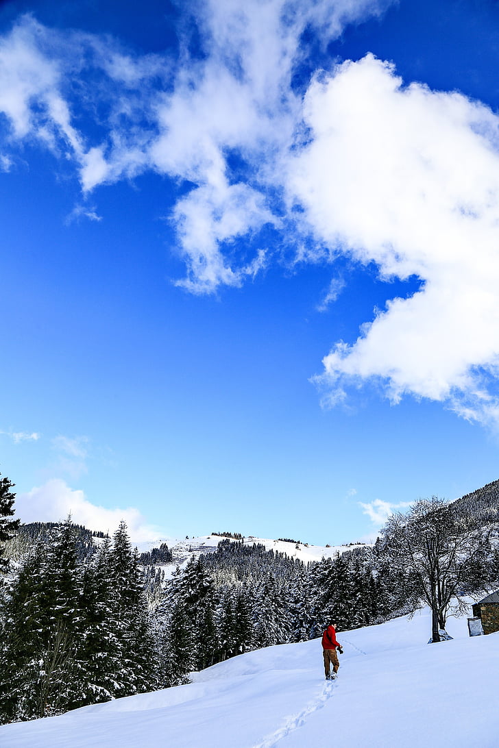 blue, white clouds, snow, winter, sport, outdoors, mountain