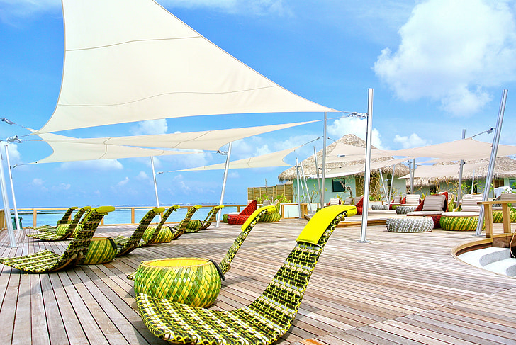 Malediwy sea, Resort, Latem, wakacje, niebo, Ocean, Plaża