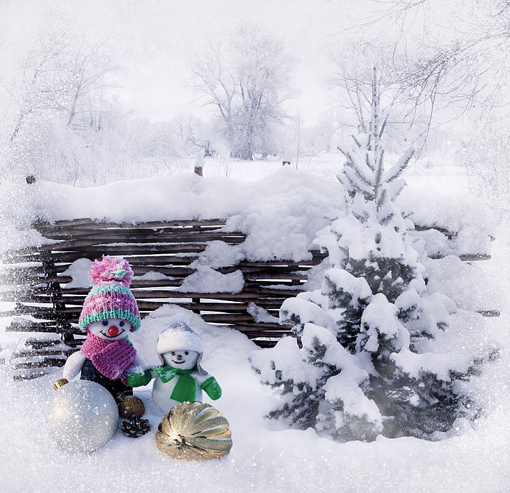 снежни човеци, сняг, зимни, Нова година, Коледа, компанията, дърво