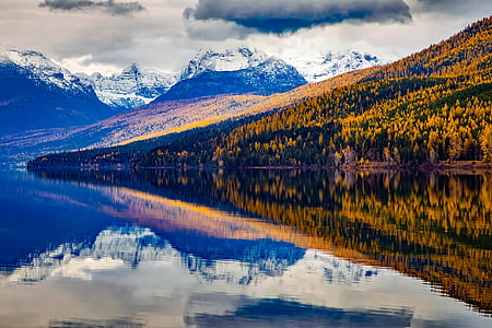 Lake mcdonald, Národní park Glacier, Montana, krajina, malebný, obloha, mraky