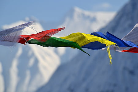 banderas de oración tibetanas, banderas, Color, montaña, Bandera, colorido, viento