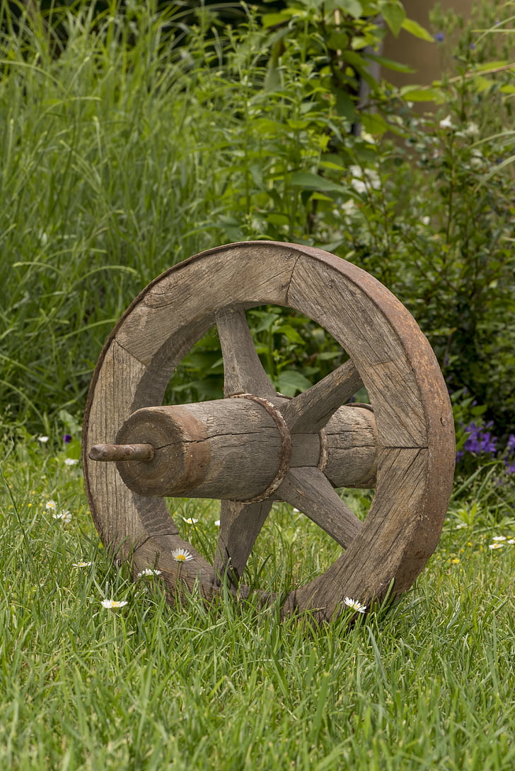bánh xe cũ, bánh xe, giỏ hàng, cũ, dám, từ gỗ, nền tảng