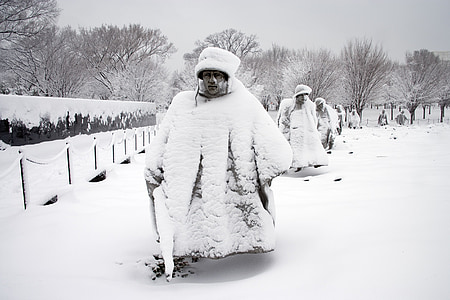 Мемориал Корейской войны, статуи, снег, значки, Вашингтон, США, Памятник