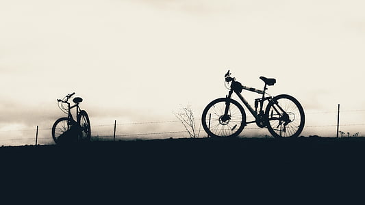dois, preto, montanha, motos, bicicleta, bicicleta, fio