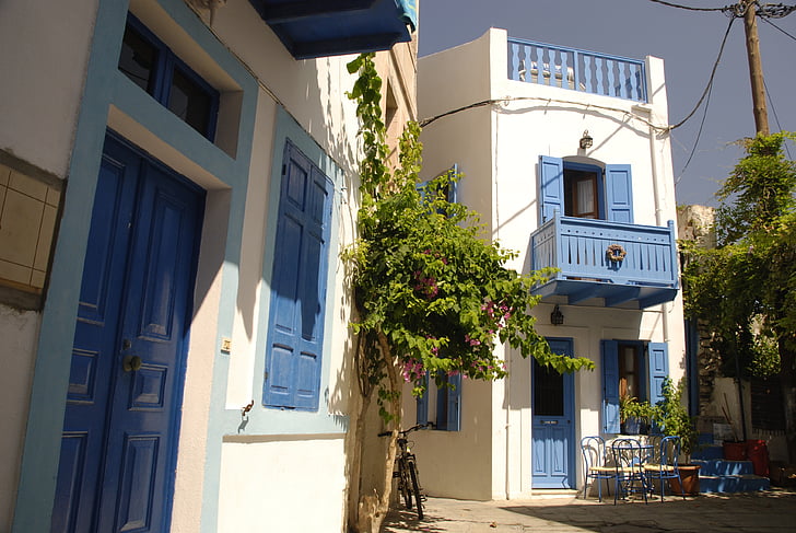 Гърция, автентични, синьо, бяло, празник, небе, сграда