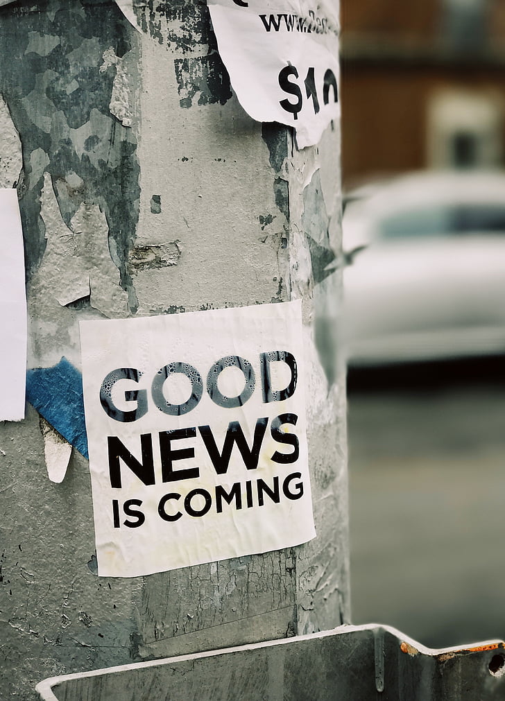 Καλό, Ειδήσεις, έρχονται, σήμανση, καλή είδηση, Είσοδος, αυτοκόλλητο