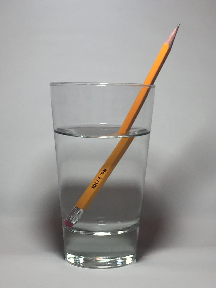 pencil, bent pencil, pencil in water, refract, refraction, optical illusion, water