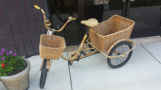 vehículo de tres ruedas, bicicleta, cesta, rústico