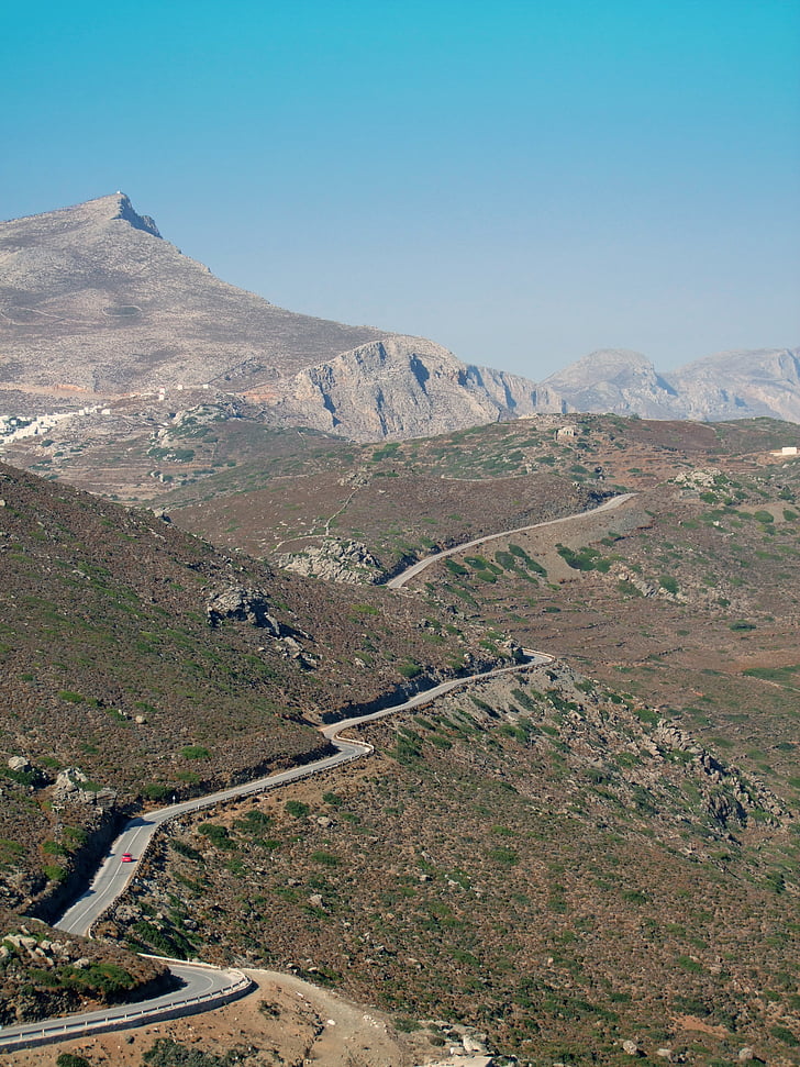 βουνά, δρόμος, ατελείωτες, με καμπύλες, νησί, Ελλάδα, Αμοργός