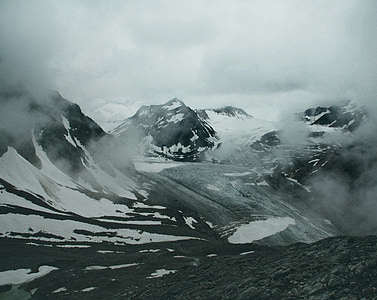 alpint, tåke, snø, fjell, skyer, toppmøtet