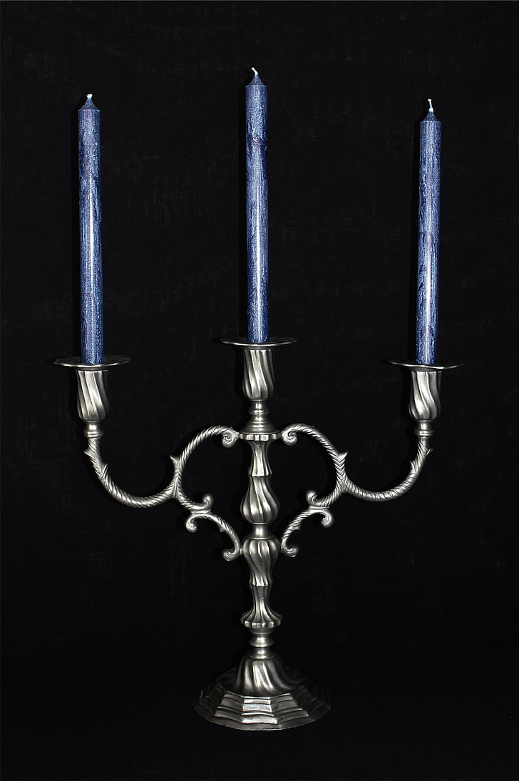 three, blue, candle, stainless, steel, holder, Candlestick