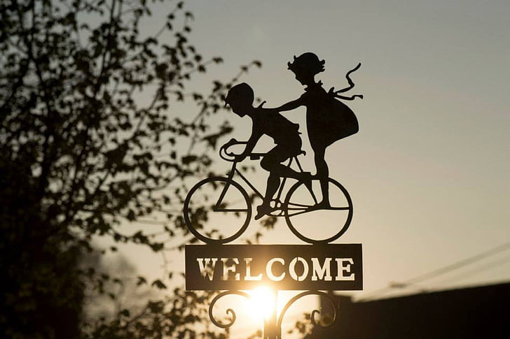 Dim, décoration, jardin, vélo, enfant, réflexion, silhouette