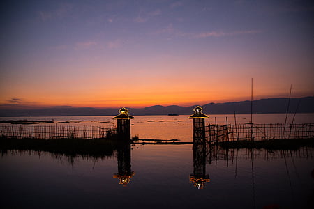 Burma, Inle lake, solnedgång, naturen, havet, siluett, skymning
