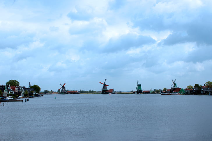 holland, amsterdam, mills, sky, blue, clouds, landscape