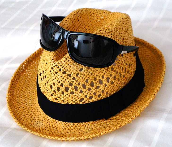 müts, õlgkübar, suvel, päikeseprillid, tooni, õled, päike