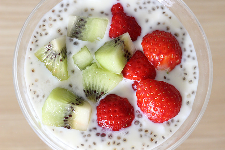 Joghurt, Chia-Samen, Obst, Erdbeere, Dessert, rot, Suiten
