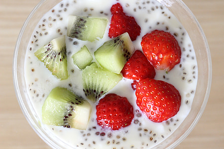 yogurt, chia seeds, fruit, strawberry, dessert, red, suites