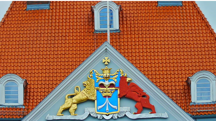 coat of arms, home, building, facade, historically, heraldic animal, old town