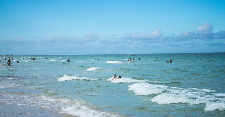 Южный пляж, Флорида, океан, люди, плавание, облака, Отдых