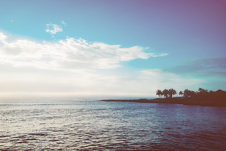 island, trees, blue, sky, ocean, sea, water