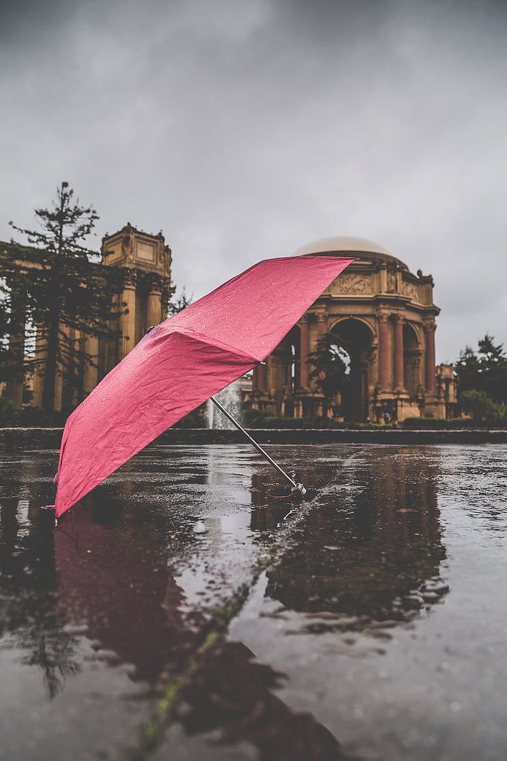 rain, red, umbrella, architecture, structure, road, wet