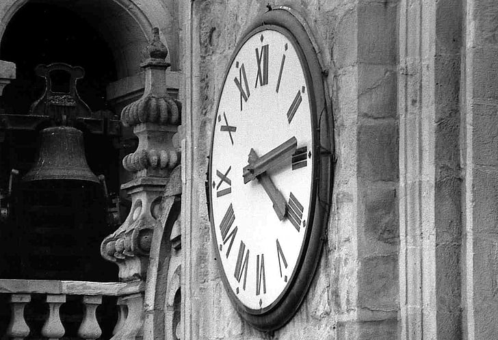 orologio, parete, campagna, bianco e nero, tempo, ora, fronte di orologio