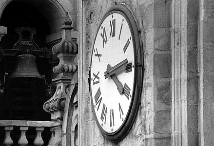 reloj, pared, campaña, blanco y negro, tiempo, hora, cara de reloj