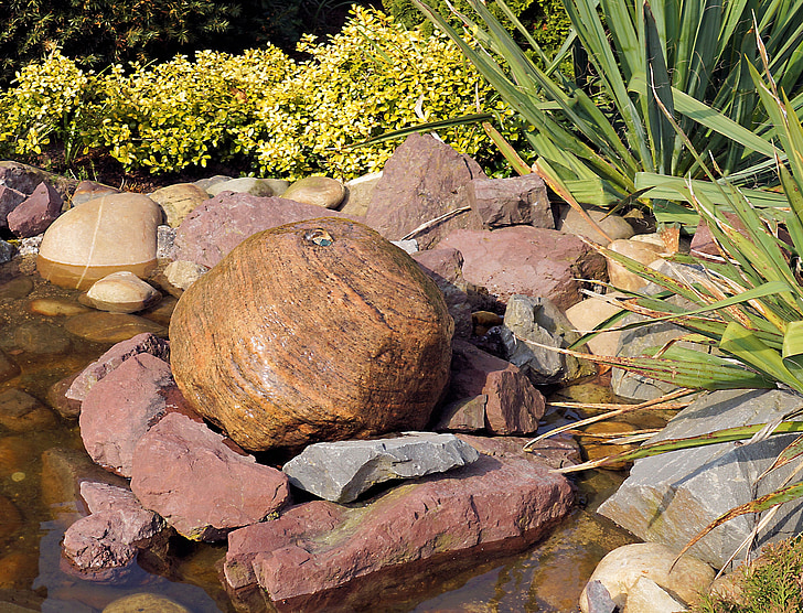 lapping stone, water, stone ball, pond, harmony, relaxation, eye catcher