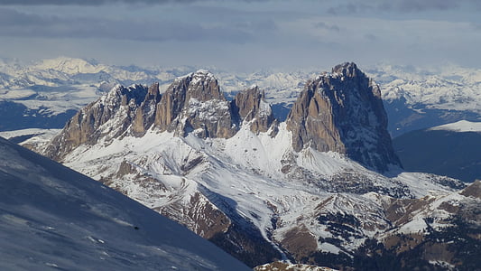 Sassolungo, Dolomita, planine, Italija, snijeg, plavo nebo, Panorama