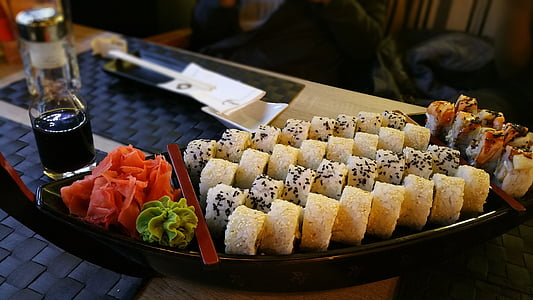 sushi, maki, asian, roll, assortment, platter, ginger