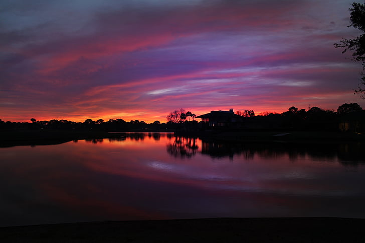 ゴルフ場に沈む夕日, ポンテベドラビーチ, フロリダ州, 色, 水, サンセット, 自然