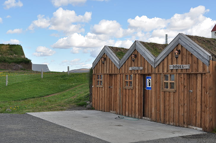 torfhaus, füves tető, Izland, Kunyhó, épület