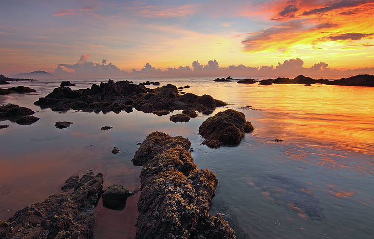 beach, dawn, dusk, nature, ocean, outdoors, rocks