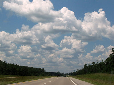 highway, road, clouds, pavement, trees, blue, white