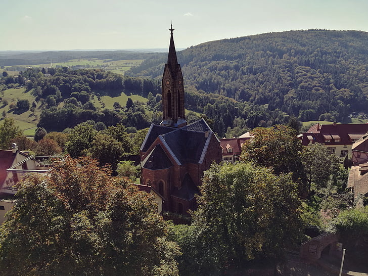 Heidelberg, dilsberg, Igreja, sol, paisagem, natureza, vila