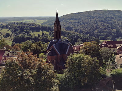 Heidelberg, Dilsberg, templom, nap, táj, természet, falu