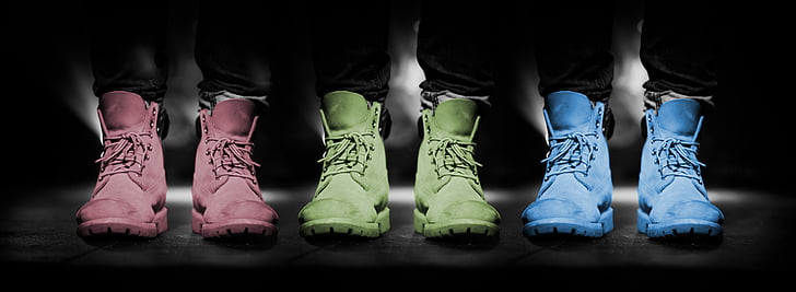 shoes, mode, colors, black background, red, green, blue