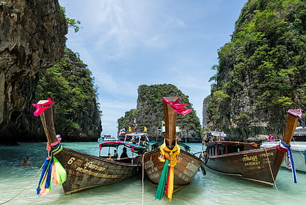 皮皮岛旅游, 普吉岛, 泰国, 五颜六色的小船, 海, 水, 旅游