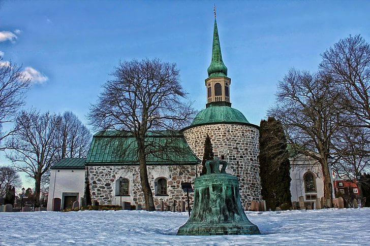 sweden, landscape, scenic, winter, snow, bell, church