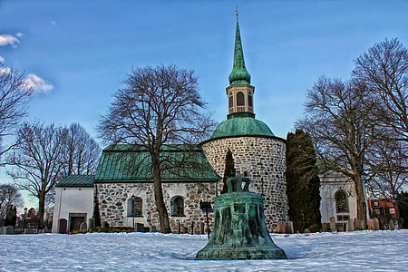 sweden, landscape, scenic, winter, snow, bell, church