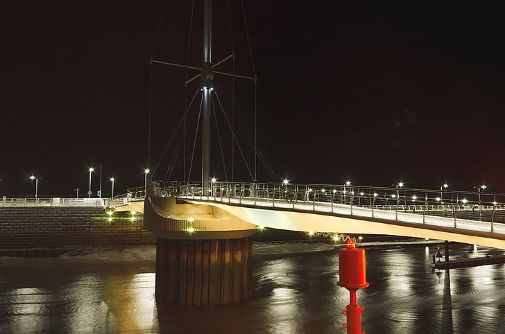 Rhyl, мост, пристанище, нощ, светлини, вода, река